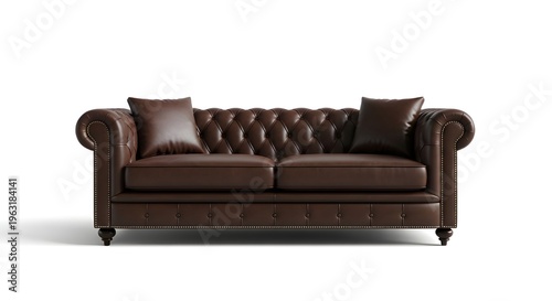 Luxurious brown leather sofa featuring a classic tufted design and rolled arms, perfect for adding timeless elegance and comfort to any interior space
