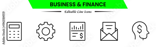 Business and finance icons depicting banking, investment, money, transactions, growth, budgeting, accounting, strategy, analytics, reports, markets, profit, management, and financial planning.