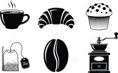 Breakfast set coffee cup, croissant, muffin, tea bag, coffee bean, coffee grinder, isolated on transparent background, food and drink icons.