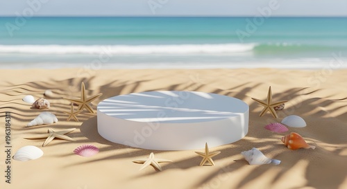 A serene beachside display podium with seashells and starfish, casting dappled shadows, perfect for product showcasing or summer themes