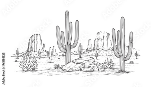 Black and white of a desert landscape with saguaro cacti and mesas