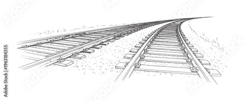 Black and white of diverging railway tracks curving into the distance train transportation