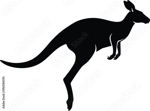 Black silhouette of kangaroo hopping in mid air, Australian marsupial, native wildlife, jumping mammal, wild animal, desert creature, isolated vector illustration