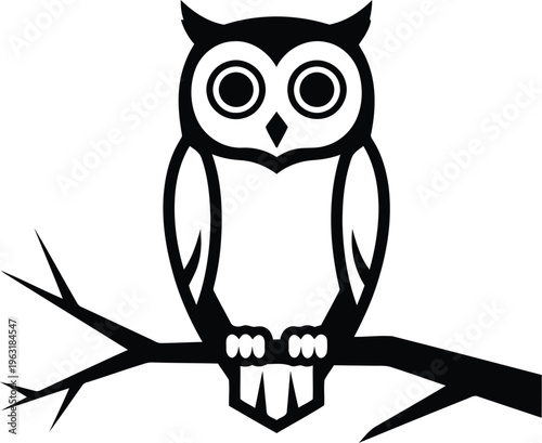 Black silhouette of owl perched on branch, representing wisdom, nature, and nocturnal life, minimalist graphic design