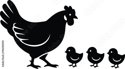 Black silhouette of hen with chicks walking, representing family, farm life, and motherhood, stylized illustration