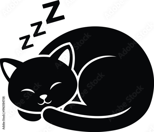 Black silhouette of sleeping cat curled up with zzz sleeping symbol on transparent background vector graphic