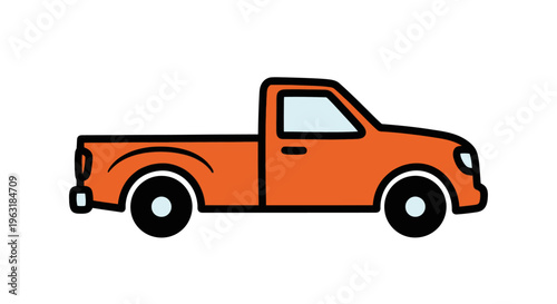 A cheerful orange pickup truck, presented as a clean, minimalist vector illustration, symbolizes reliable transportation and utility, isolated on a pure white background.