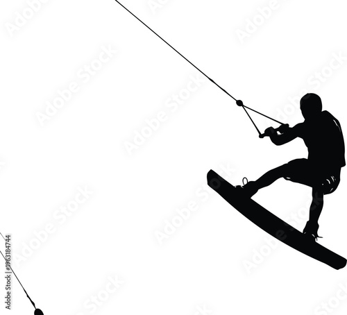 Silhouette wakeboarder performs trick, jumping on water board, holding rope, active lifestyle, dynamic extreme sport, summer fun, clear transparent background, bright sky, action
