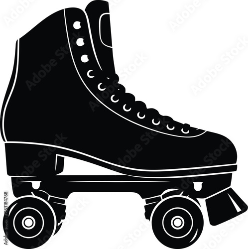 Black silhouette of classic roller skate with four wheels and laces, retro rollerblade footwear, vintage sport equipment, street skating, urban activity, isolated object, clean background