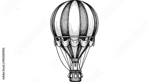 Vintage hot air balloon illustration with detailed sketch lines, antique travel in sky, basket for passengers, decorative elements.