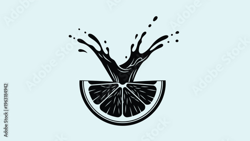 Juicy orange slice splashing with liquid, vibrant citrus refreshment, dynamic motion, healthy food and drink concept illustration.