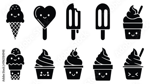 Sweet treats icons featuring smiling desserts and ice cream