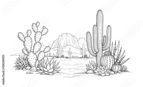 Cuadro en lienzo Desert landscape with saguaro and prickly pear cacti and agave plants cactus