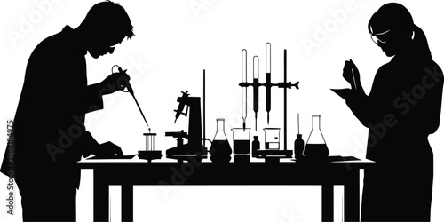 Silhouettes of scientists working in laboratory with beakers and microscope, science research and development, teamwork concept
