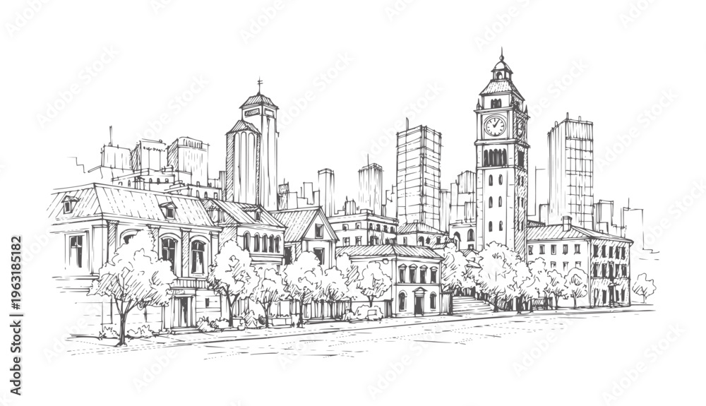 Obraz premium Hand drawn of a city skyline with a clock tower and diverse buildings