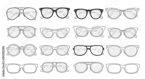Collection of various eyeglasses and sunglasses in different styles and shapes