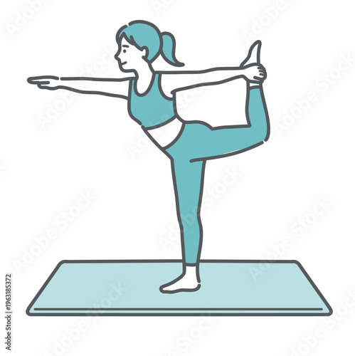 笑顔でヨガ（ダンサーのポーズ）をする女性のイラスト