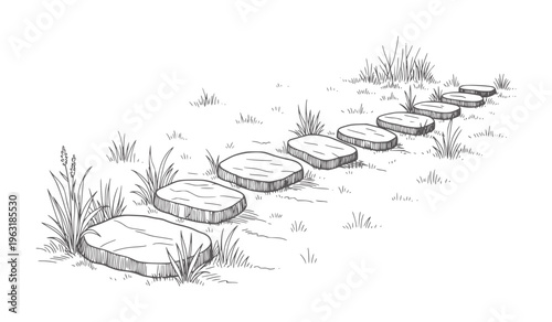Hand drawn stepping stones path through grass and weeds garden