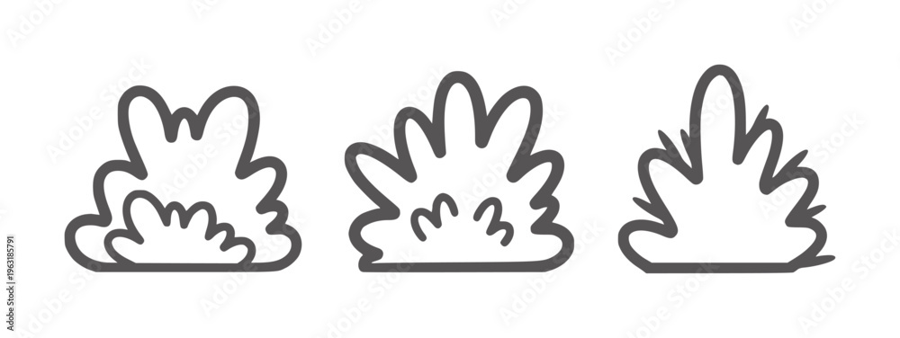 Fototapeta premium Three cartoonish grey outlines of fluffy bushes or clouds