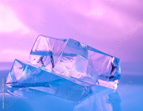 Wallpaper Mural Three translucent ice cubes are stacked against a blurred pink and blue background, reflecting light and creating cool tones Torontodigital.ca