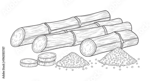 Sugarcane stalks and granulated sugar in a style