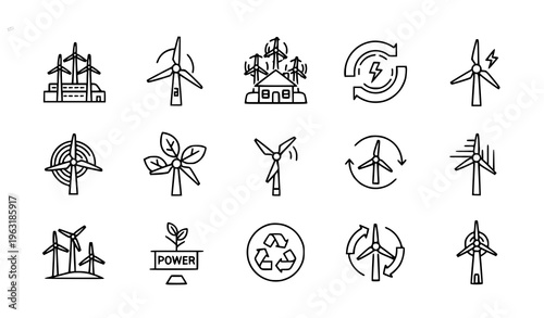 Line Style Wind Turbine Icons for Renewable Energy and Eco-Friendly Vector Set