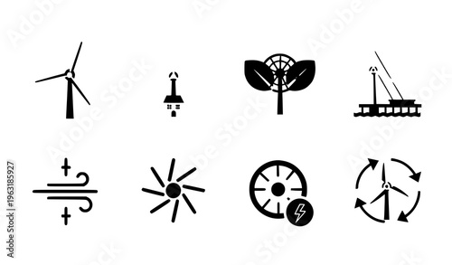 Windmill Icon Set for Renewable Energy and Eco-Friendly Concept Vector Illustration