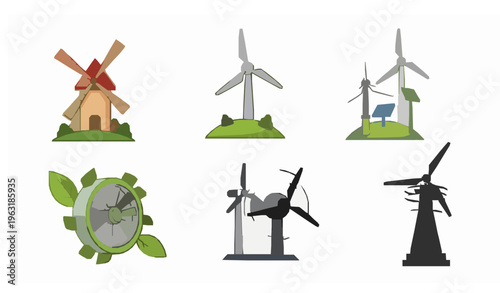 Cartoon Windmill Icon Collection for Green Energy and Ecology Vector