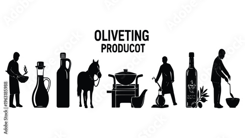 Olive oil production process with farmer and donkey