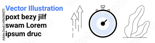 Time management, productivity, growth, speed, efficiency, planning. A stopwatch, upward arrows and a simple plant drawing. Time management and productivity concepts