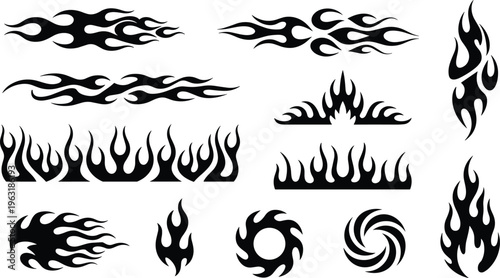 Fire flames silhouette set, tribal racing car decals vector illustration, hot rod motorcycle vinyl stickers, blazing fire icons for tattoos.