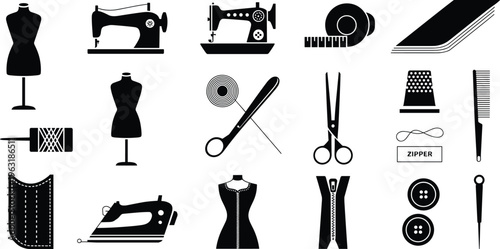 Sewing tailoring icon set silhouette, mannequin sewing machine scissors and needle vector illustration, fashion design equipment tools for logo design.