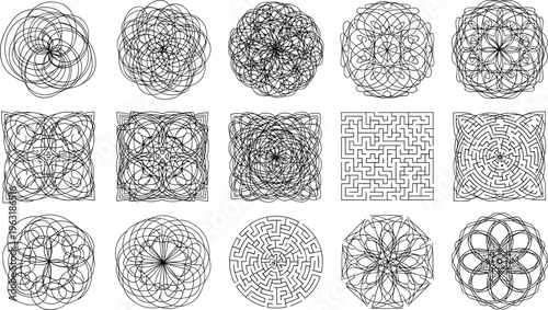 abstract geometric mandala patterns set, circular line ornament labyrinth designs collection for decorative symmetry vector illustration