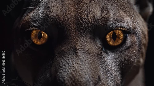 Panther face, detailed yellow eyes stare directly at camera with intense gaze, dark background, cinematic lighting, static shot, symbolizing power and mystery.