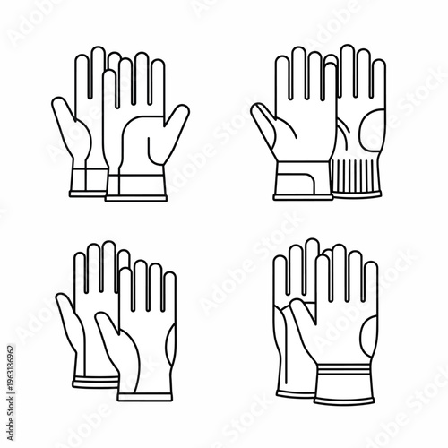 Four different hand glove designs shown from various angles for protection and functionality