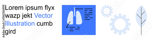 Medical education, diagnostic tools, respiratory health, biology studies, eco-science, analysis. Blue lungs graphic, gear illustrations and leaf icon. Respiratory health and biology studies