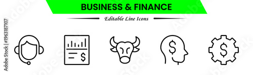 Business and finance icons depicting banking, investment, money, transactions, growth, budgeting, accounting, strategy, analytics, reports, markets, profit, management, and financial planning.