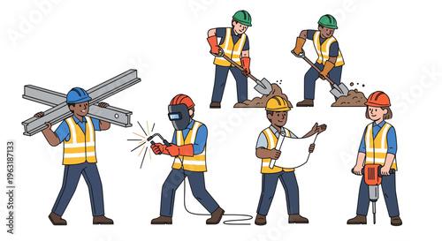 Diverse construction workers team set including welder, engineer with blueprint and laborers in safety vests, concept for building industry, infrastructure project and urban development