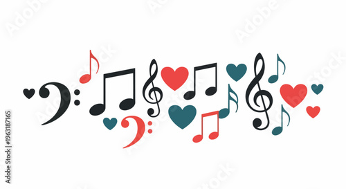 Music notes and heart symbols in colorful arrangement for love songs concept