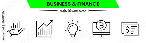 Business and finance icons depicting banking, investment, money, transactions, growth, budgeting, accounting, strategy, analytics, reports, markets, profit, management, and financial planning.