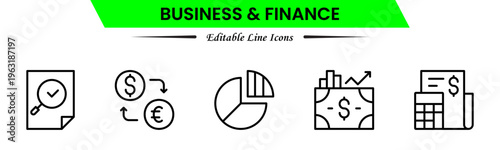 Business and finance icons depicting banking, investment, money, transactions, growth, budgeting, accounting, strategy, analytics, reports, markets, profit, management, and financial planning.