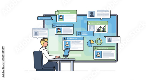 Professional HR manager reviewing various digital resume profiles and data charts on a large monitor screen, concept for recruitment process, human resources management and candidate selection