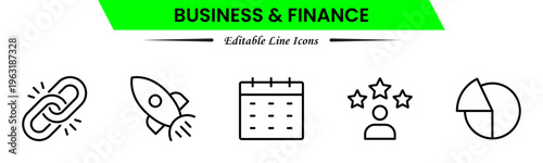 Business and finance icons depicting banking, investment, money, transactions, growth, budgeting, accounting, strategy, analytics, reports, markets, profit, management, and financial planning.