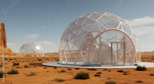An empty white futuristic dome greenhouse in a desert landscape sustainable architecture
