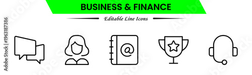Business and finance icons depicting banking, investment, money, transactions, growth, budgeting, accounting, strategy, analytics, reports, markets, profit, management, and financial planning.