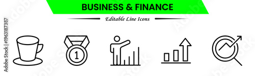 Business and finance icons depicting banking, investment, money, transactions, growth, budgeting, accounting, strategy, analytics, reports, markets, profit, management, and financial planning.