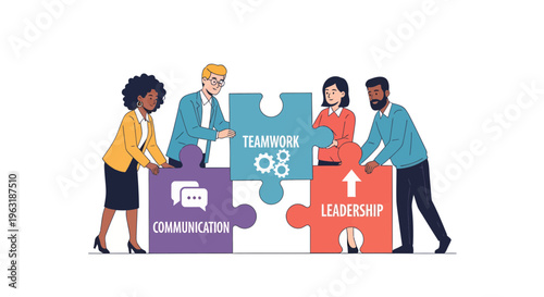 Diverse project managers and office executives connecting puzzle pieces with business success icons, concept for corporate collaboration, strategic workforce development and professional team training