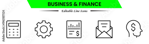 Business and finance icons depicting banking, investment, money, transactions, growth, budgeting, accounting, strategy, analytics, reports, markets, profit, management, and financial planning.