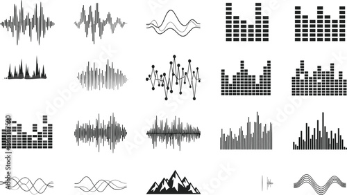 Audio waveform and equalizer icons set, sound visualization elements, music frequency graphics collection, cad drawing flat vector illustration