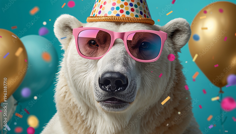 Fototapeta premium 顔に寄ってサングラス姿の白くまを写したユニークなパーティー写真